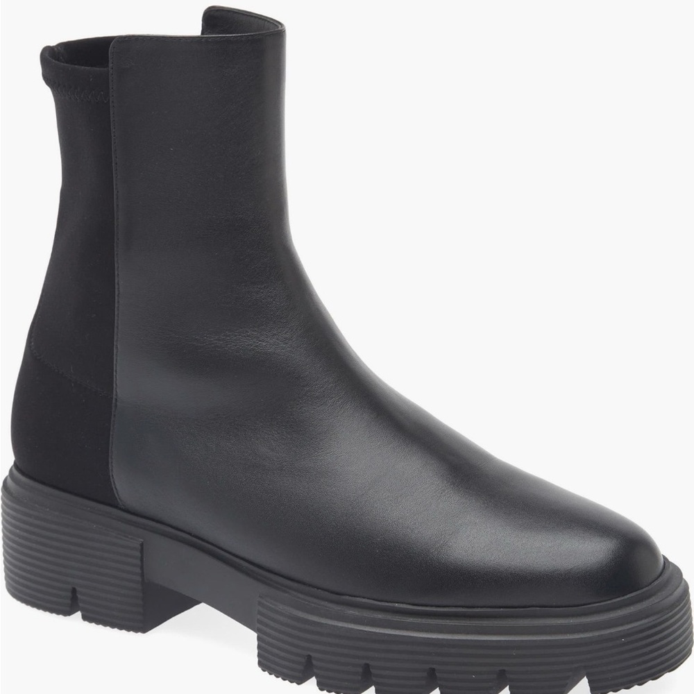 Stuart Weitzman Nolita 50-50 Leather Stretch Elegant Black Ankle Boots Lug Sole